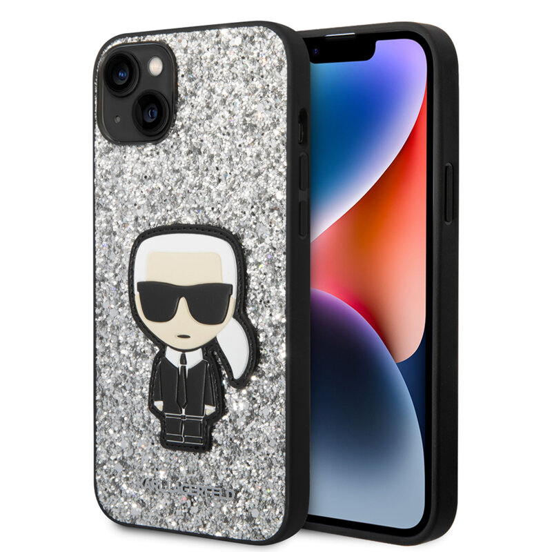 Husa Karl Lagerfeld iPhone 14 Plus Hardcase Glitter, Flakes Ikonik, argintiu, KLHCP14MGFKPG
