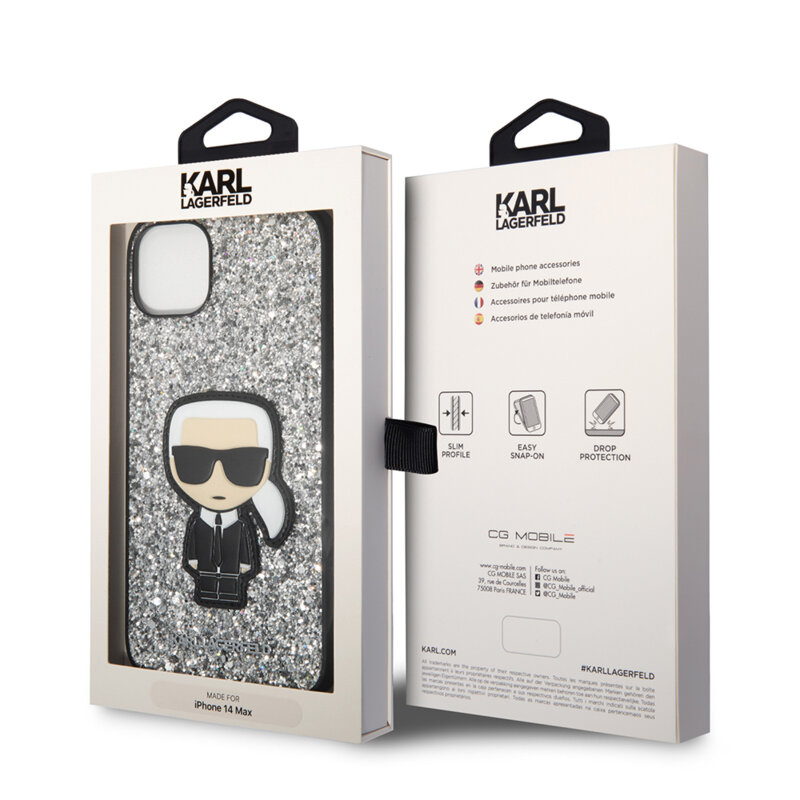 Husa Karl Lagerfeld iPhone 14 Plus Hardcase Glitter, Flakes Ikonik, argintiu, KLHCP14MGFKPG