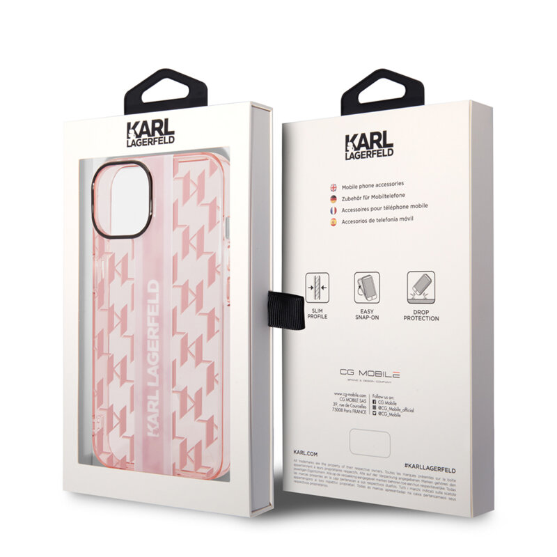 Husa iPhone 14 Plus Karl Lagerfeld Hardcase Monogram, Stripe, roz, KLHCP14MHKLSPCP