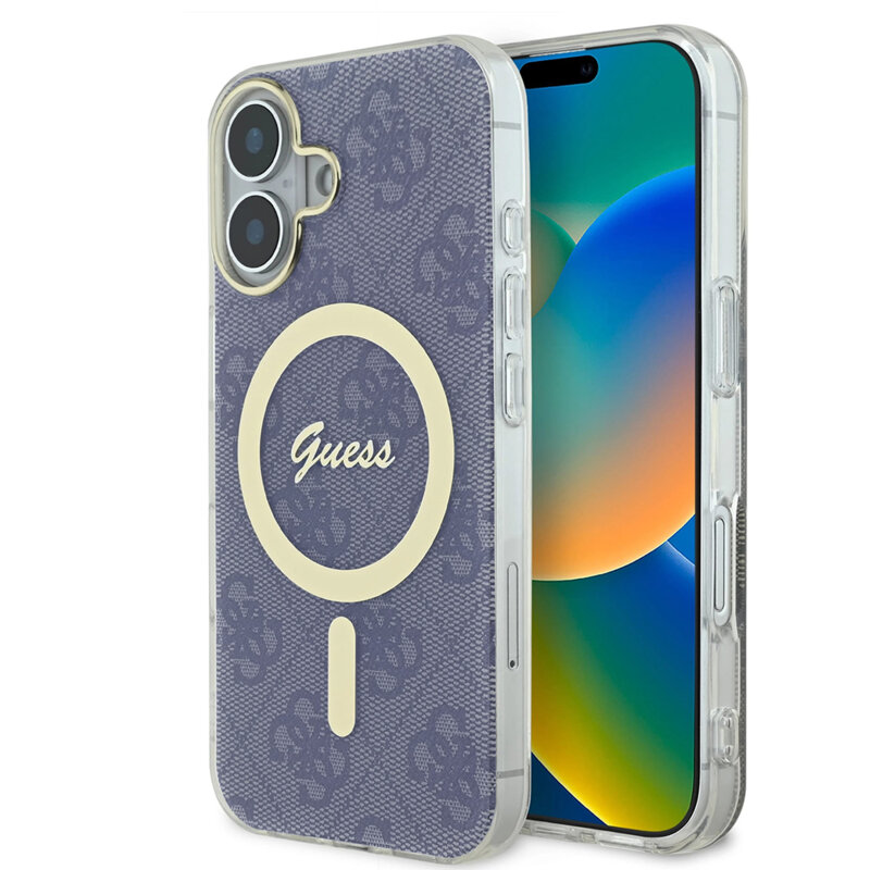 Husa iPhone 16 originala Guess IML 4G MagSafe, albastru, GUHMP16SH4STB