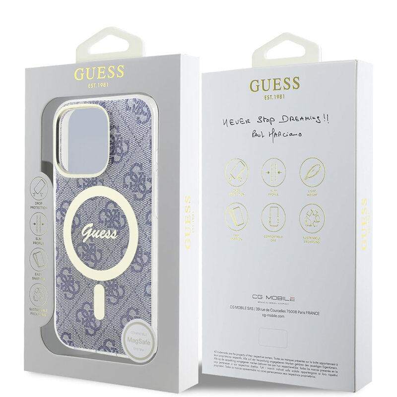 Husa iPhone 16 originala Guess IML 4G MagSafe, albastru, GUHMP16SH4STB