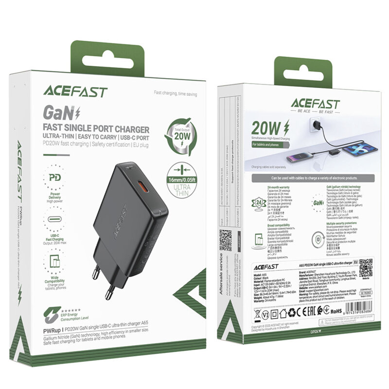 Acumulator GaN Type-C, Acefast A65, 20W Power Delivery, negru