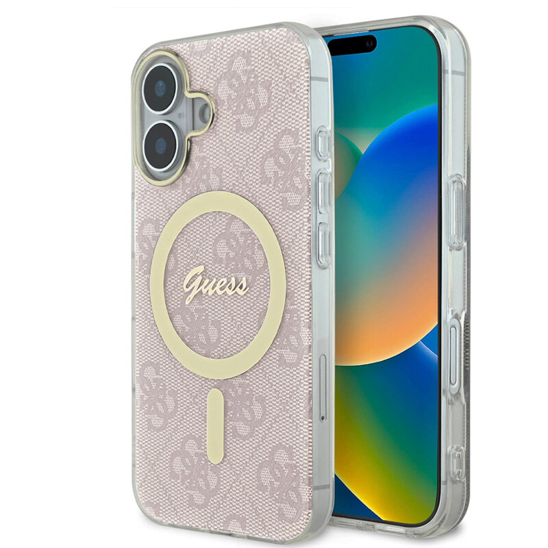 Husa iPhone 16 originala Guess IML 4G MagSafe, roz, GUHMP16SH4STP