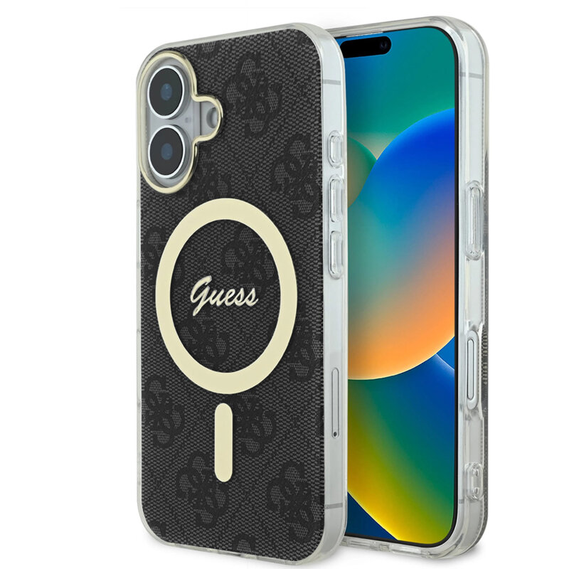 Husa iPhone 16 originala Guess IML 4G MagSafe, negru, GUHMP16SH4STK