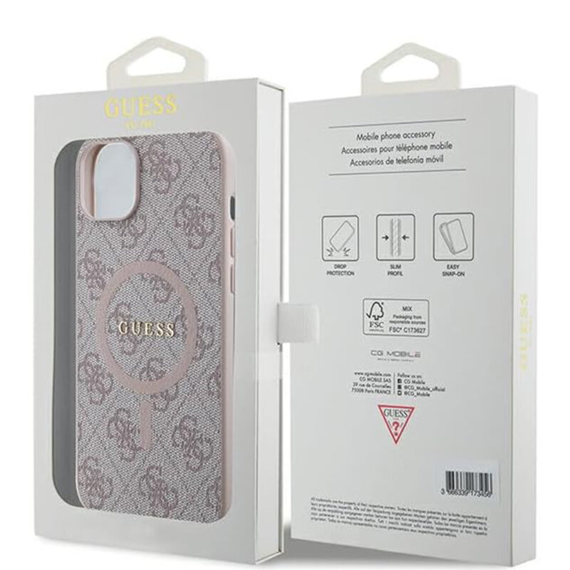 Husa Guess iPhone 15 4G Collection Leather MagSafe, roz, GUHMP15SG4GFRP