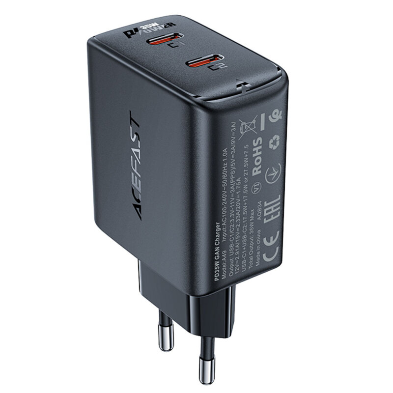 Incarcator priza GaN 2x Type-C, Acefast A49, PD35W, negru