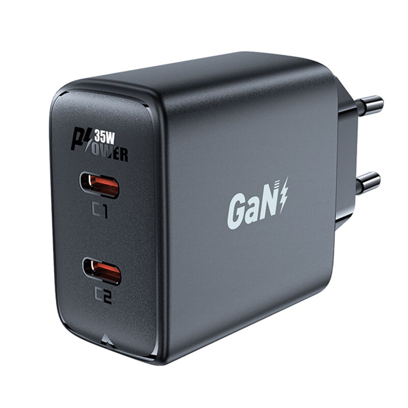 Incarcator priza GaN 2x Type-C, Acefast A49, PD35W, negru