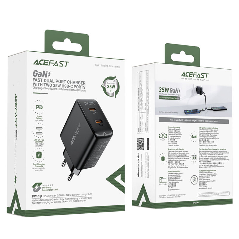 Incarcator priza GaN 2x Type-C, Acefast A49, PD35W, negru