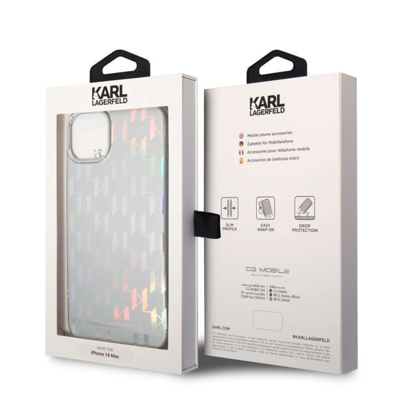 Husa iPhone 14 Plus Karl Lagerfeld Hardcase Monogram, Iridescent, argintiu, KLHCP14MLGMMSV3