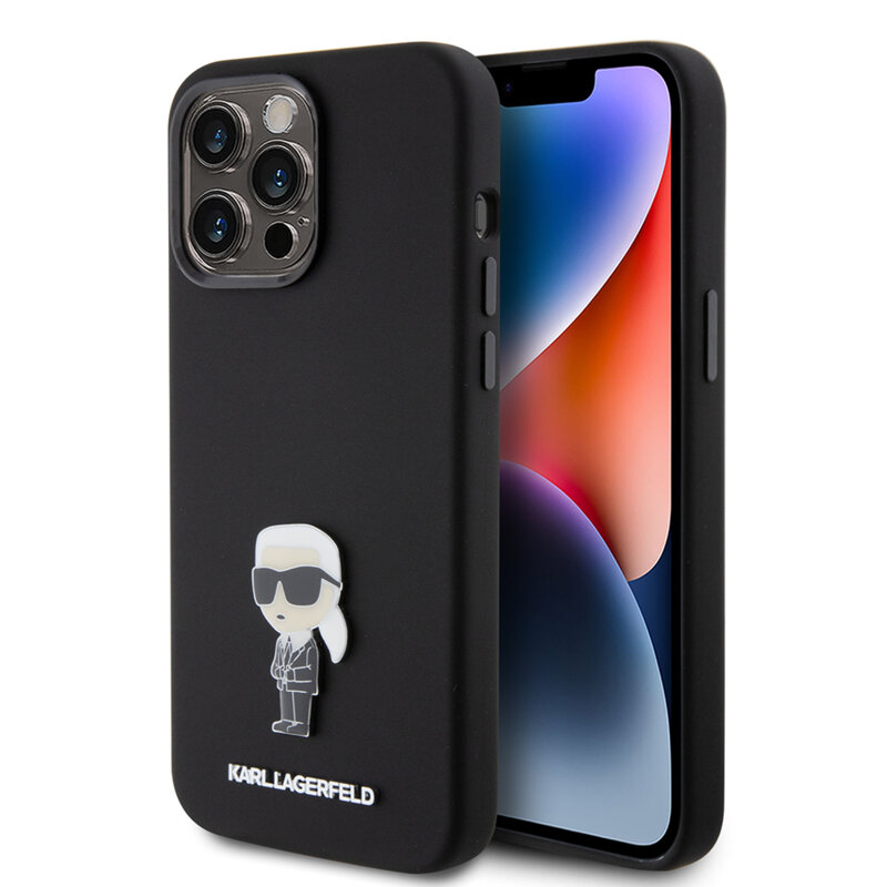 Husa Karl Lagerfeld iPhone 15 Pro Max Silicone, Ikonik Metal Pin, negru, KLHCP15XSMHKNPK