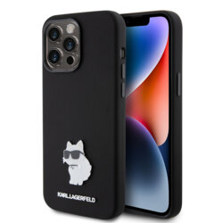 Husa Karl Lagerfeld iPhone 15 Pro Max Silicone, Choupette Metal Pin, negru, KLHCP15XSMHCNPK