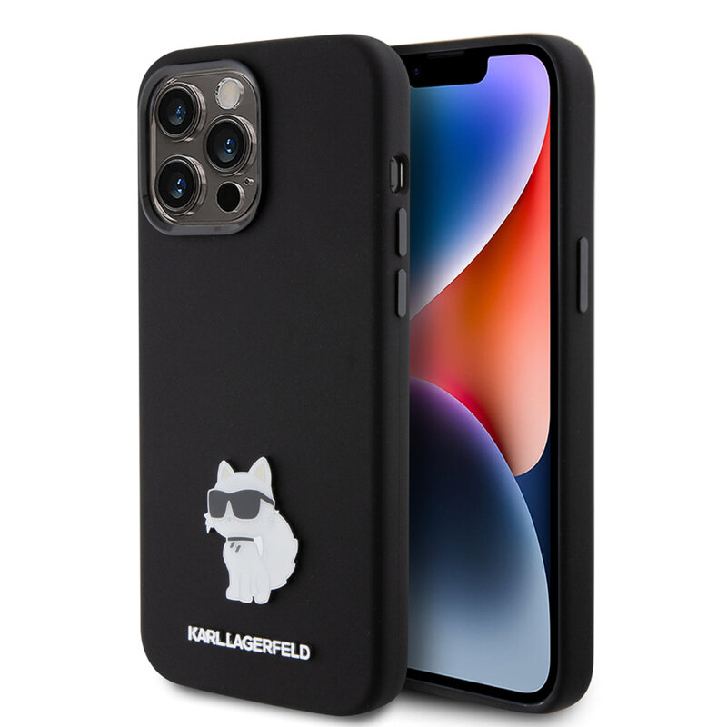 Husa Karl Lagerfeld iPhone 15 Pro Max Silicone, Choupette Metal Pin, negru, KLHCP15XSMHCNPK