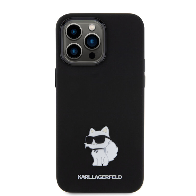 Husa Karl Lagerfeld iPhone 15 Pro Max Silicone, Choupette Metal Pin, negru, KLHCP15XSMHCNPK