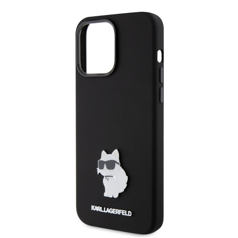 Husa Karl Lagerfeld iPhone 15 Pro Max Silicone, Choupette Metal Pin, negru, KLHCP15XSMHCNPK