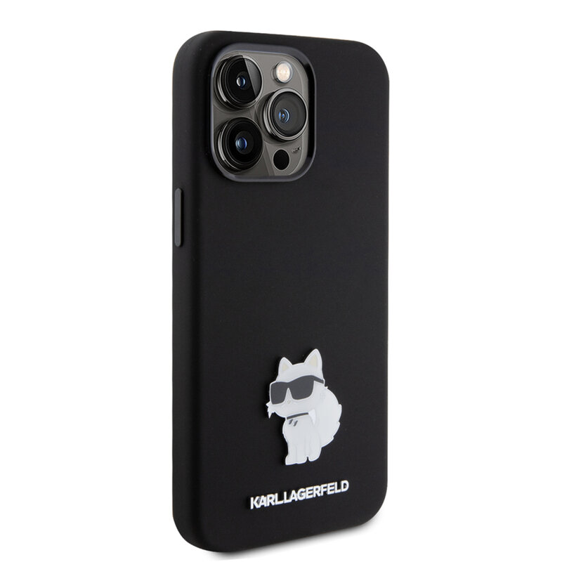 Husa Karl Lagerfeld iPhone 15 Pro Max Silicone, Choupette Metal Pin, negru, KLHCP15XSMHCNPK