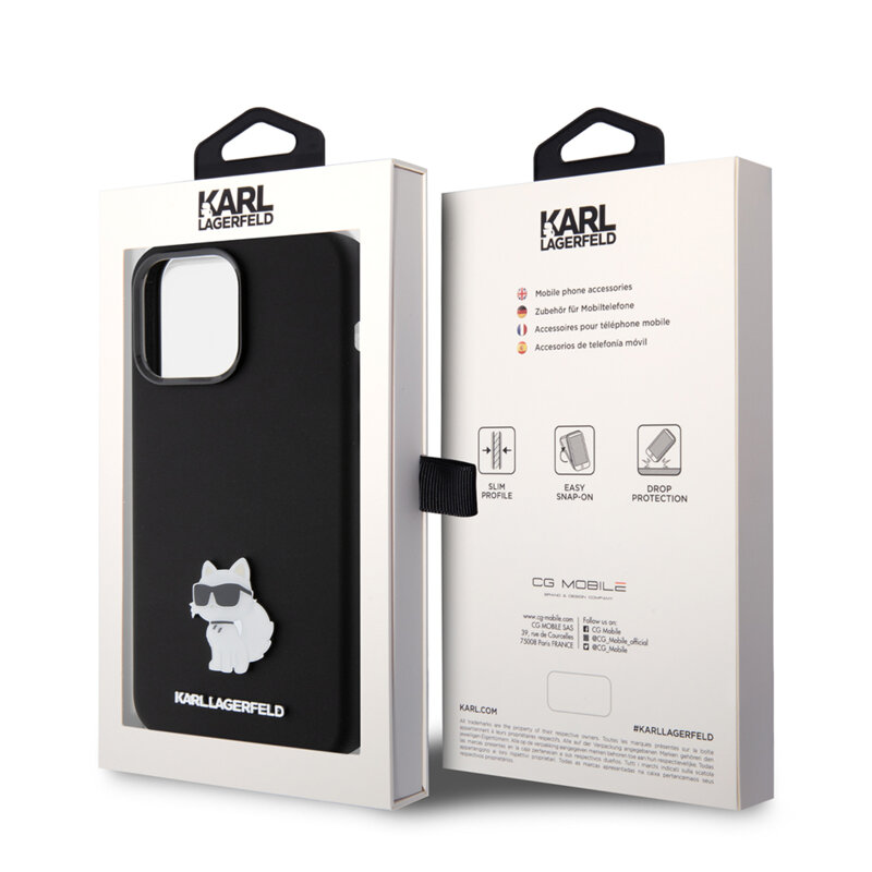 Husa Karl Lagerfeld iPhone 15 Pro Max Silicone, Choupette Metal Pin, negru, KLHCP15XSMHCNPK
