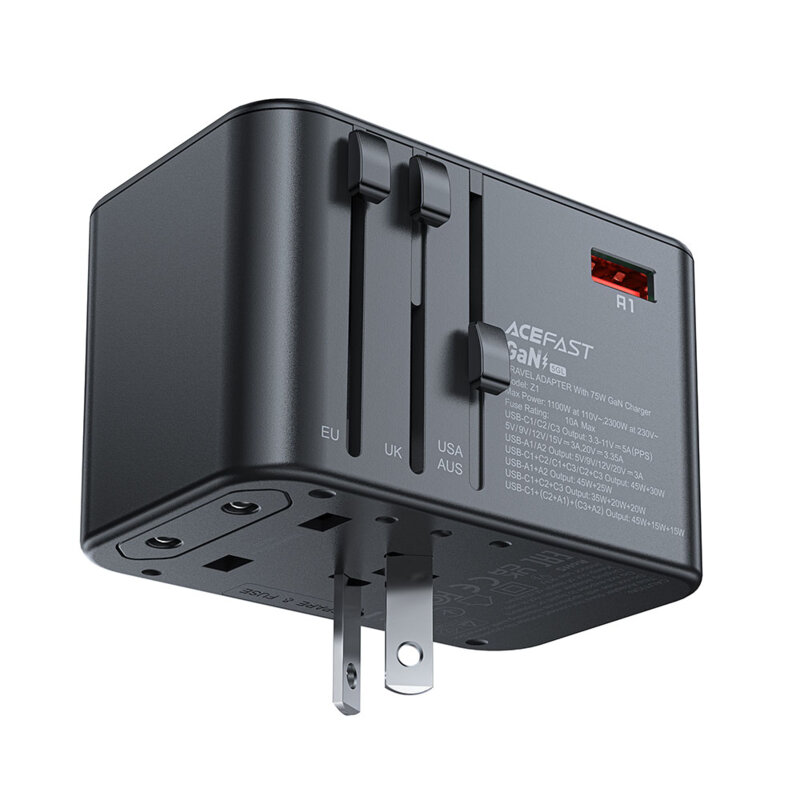 Adaptor priza EU la UK, AUS, US, 3x Type-C, Acefast Z1, PD75W