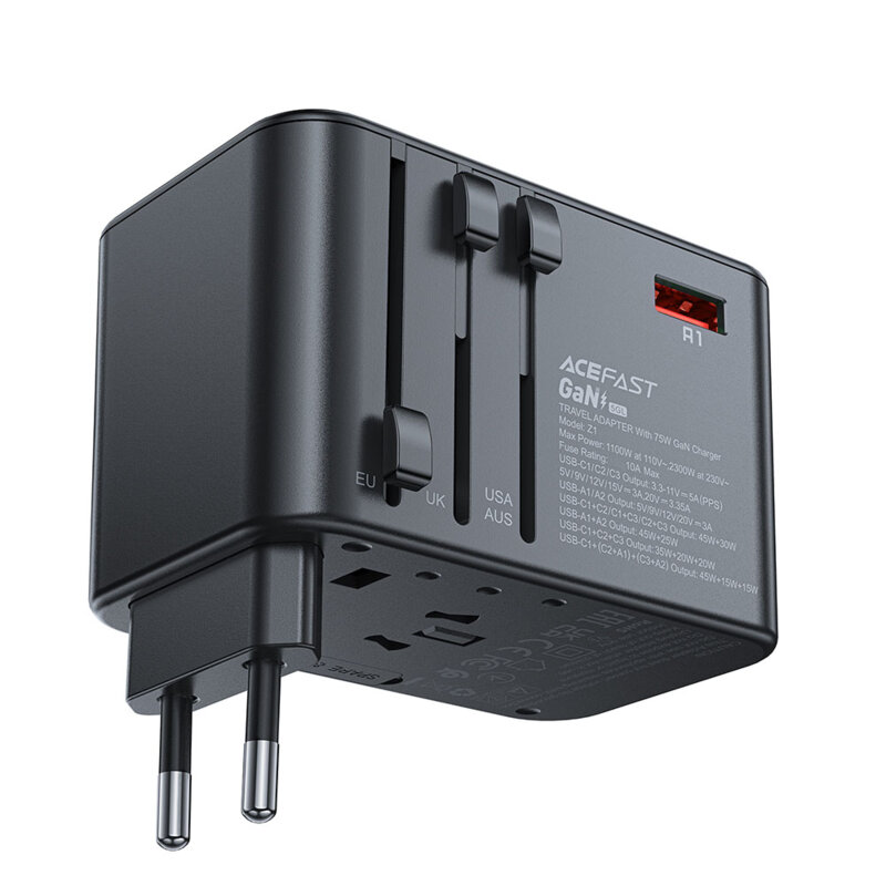 Adaptor priza EU la UK, AUS, US, 3x Type-C, Acefast Z1, PD75W