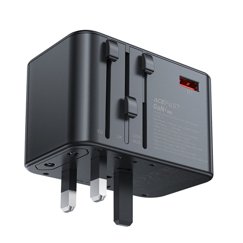 Adaptor priza EU la UK, AUS, US, 3x Type-C, Acefast Z1, PD75W