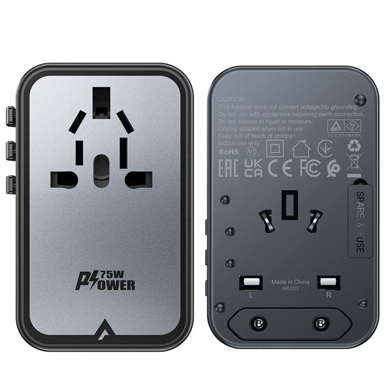 Adaptor priza EU la UK, AUS, US, 3x Type-C, Acefast Z1, PD75W