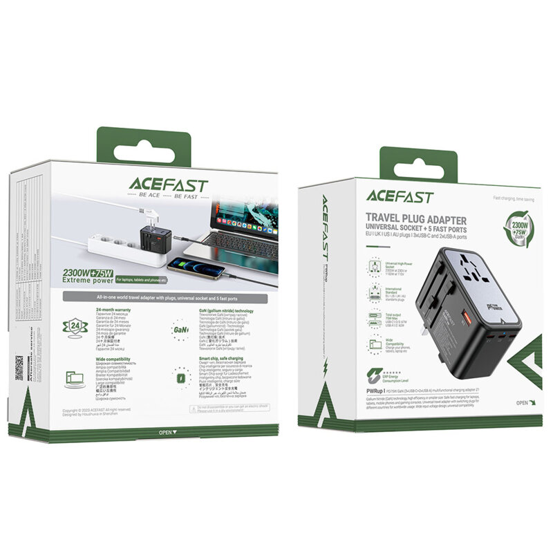 Adaptor priza EU la UK, AUS, US, 3x Type-C, Acefast Z1, PD75W