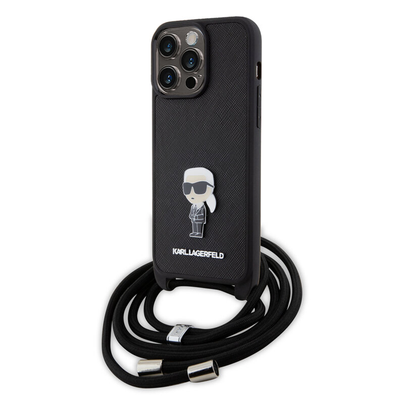 Husa iPhone 15 Pro Max Karl Lagerfeld Saffiano Crossbody, Monogram Metal Pin Karl, negru, KLHCP15XSASKNPSK