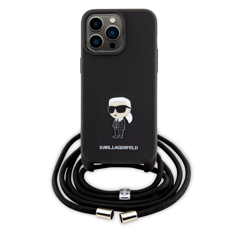 Husa iPhone 15 Pro Max Karl Lagerfeld Saffiano Crossbody, Monogram Metal Pin Karl, negru, KLHCP15XSASKNPSK