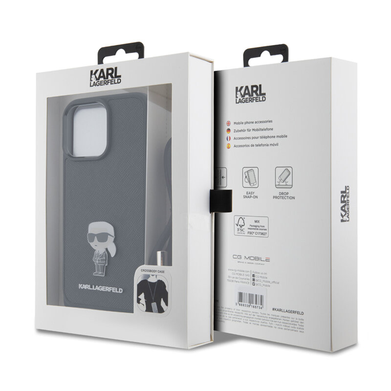 Husa iPhone 15 Pro Max Karl Lagerfeld Saffiano Crossbody, Monogram Metal Pin Karl, negru, KLHCP15XSASKNPSK