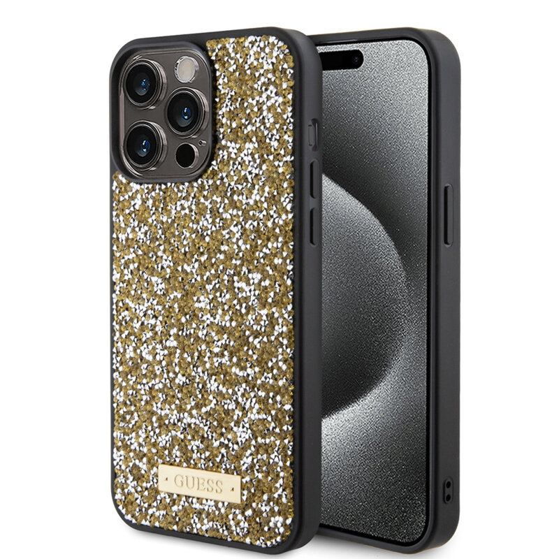 Husa originala Guess iPhone 15 Pro Rhinestone Metal Logo, galben, GUHCP15XPFGSBSD