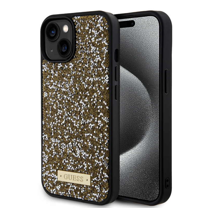 Husa originala Guess iPhone 15 Rhinestone Metal Logo, galben, GUHCP15SPFGSBSD