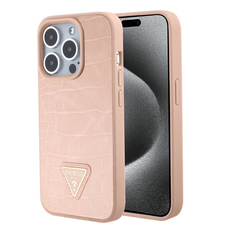 Husa originala Guess iPhone 15 Pro Max Croco Triangle Metal Logo, roz, GUHCP15XPCRTHCP