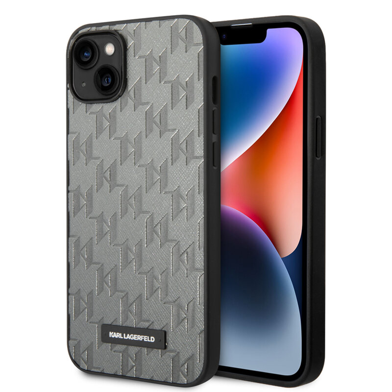 Husa originala iPhone 14 Plus Karl Lagerfeld Saffiano, Mono Metal Logo, gri, KLHCP14MSAKLHPG