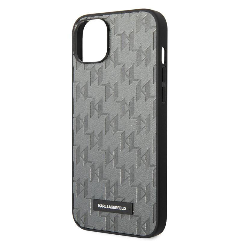 Husa originala iPhone 14 Plus Karl Lagerfeld Saffiano, Mono Metal Logo, gri, KLHCP14MSAKLHPG