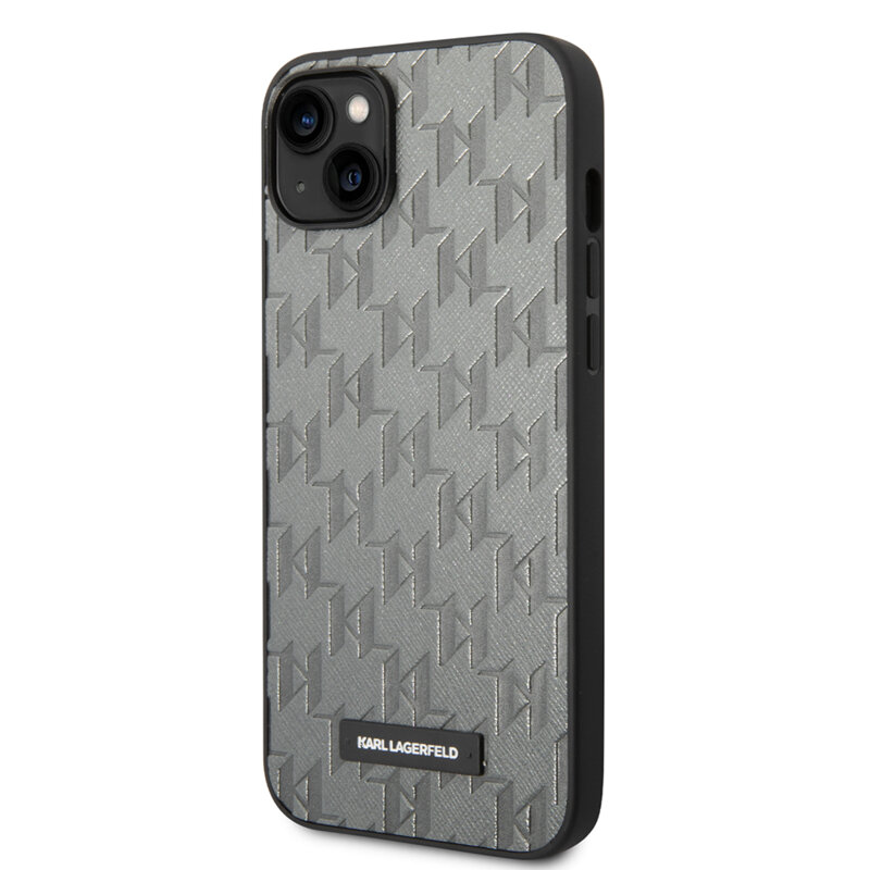 Husa originala iPhone 14 Plus Karl Lagerfeld Saffiano, Mono Metal Logo, gri, KLHCP14MSAKLHPG