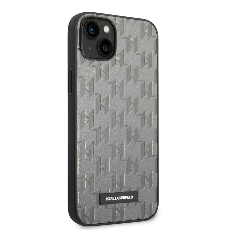 Husa originala iPhone 14 Plus Karl Lagerfeld Saffiano, Mono Metal Logo, gri, KLHCP14MSAKLHPG