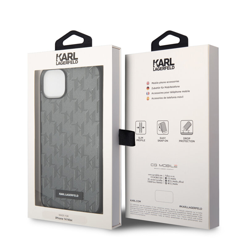 Husa originala iPhone 14 Plus Karl Lagerfeld Saffiano, Mono Metal Logo, gri, KLHCP14MSAKLHPG