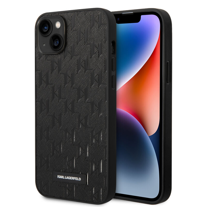 Husa originala iPhone 14 Plus Karl Lagerfeld Saffiano, Mono Metal Logo, negru, KLHCP14MSAKLHPK
