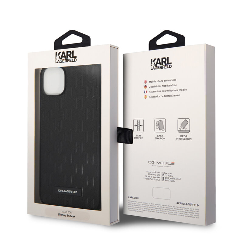 Husa originala iPhone 14 Plus Karl Lagerfeld Saffiano, Mono Metal Logo, negru, KLHCP14MSAKLHPK