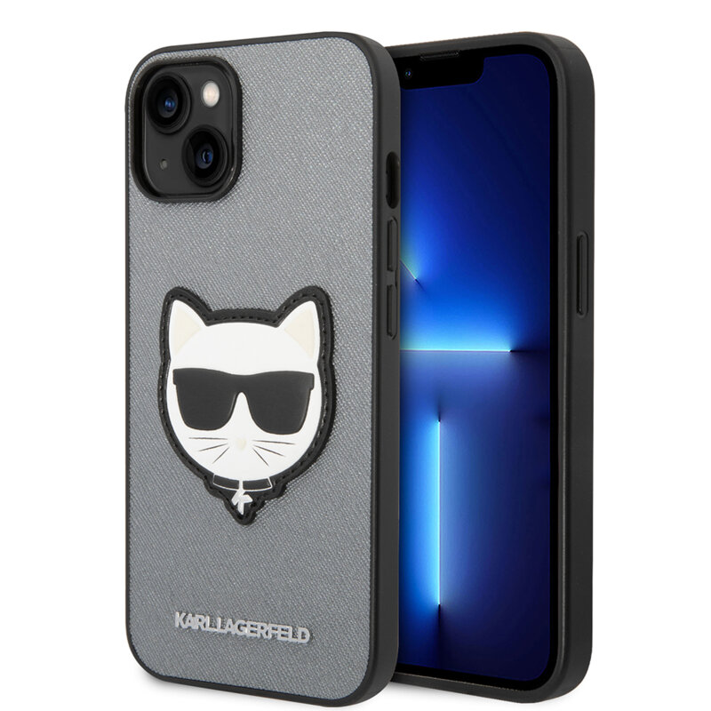 Husa originala iPhone 14 Plus Karl Lagerfeld Saffiano, Choupette Head, argintiu, KLHCP14MSAPCHG