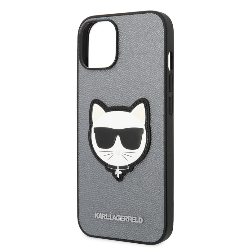 Husa originala iPhone 14 Plus Karl Lagerfeld Saffiano, Choupette Head, argintiu, KLHCP14MSAPCHG