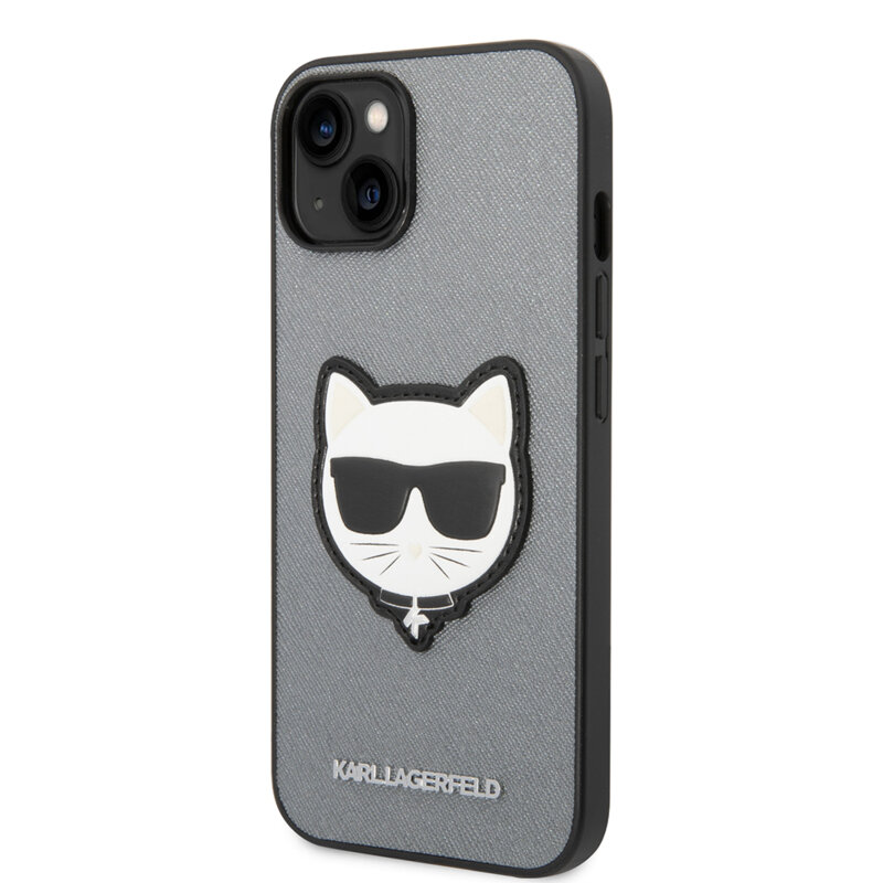 Husa originala iPhone 14 Plus Karl Lagerfeld Saffiano, Choupette Head, argintiu, KLHCP14MSAPCHG