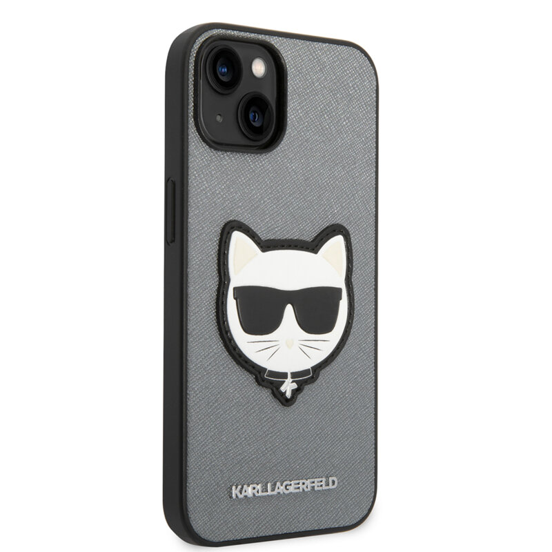 Husa originala iPhone 14 Plus Karl Lagerfeld Saffiano, Choupette Head, argintiu, KLHCP14MSAPCHG