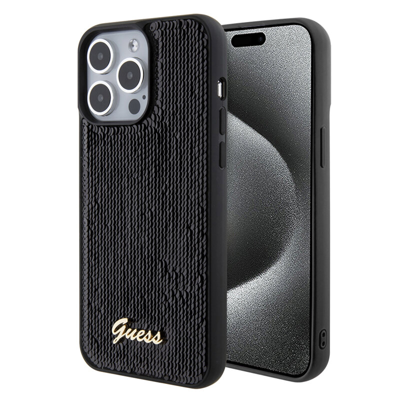Husa originala Guess iPhone 15 Pro Max Sequin Script Metal, negru, GUHCP15XPSFDGSK