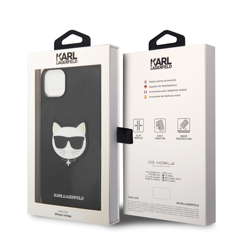 Husa originala iPhone 14 Plus Karl Lagerfeld Saffiano, Choupette Head, negru, KLHCP14MSAPCHK
