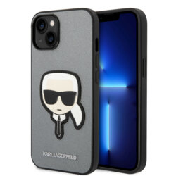 Husa originala iPhone 14 Plus Karl Lagerfeld Saffiano, Karl`s Head, argintiu, KLHCP14MSAPKHG