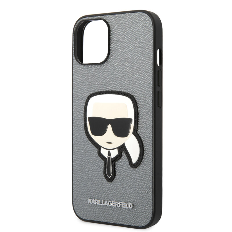 Husa originala iPhone 14 Plus Karl Lagerfeld Saffiano, Karl`s Head, argintiu, KLHCP14MSAPKHG