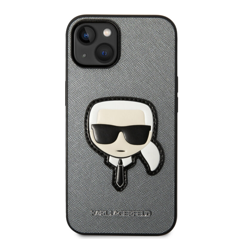 Husa originala iPhone 14 Plus Karl Lagerfeld Saffiano, Karl`s Head, argintiu, KLHCP14MSAPKHG
