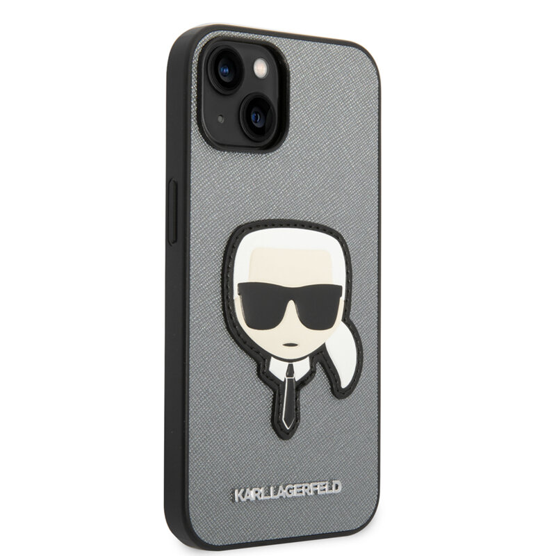 Husa originala iPhone 14 Plus Karl Lagerfeld Saffiano, Karl`s Head, argintiu, KLHCP14MSAPKHG