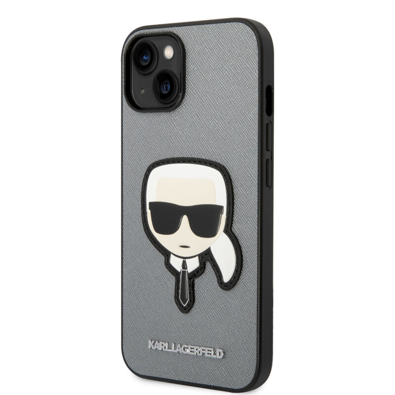 Husa originala iPhone 14 Plus Karl Lagerfeld Saffiano, Karl`s Head, argintiu, KLHCP14MSAPKHG