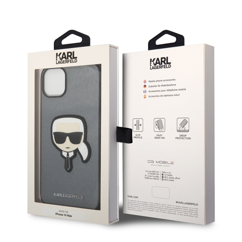 Husa originala iPhone 14 Plus Karl Lagerfeld Saffiano, Karl`s Head, argintiu, KLHCP14MSAPKHG